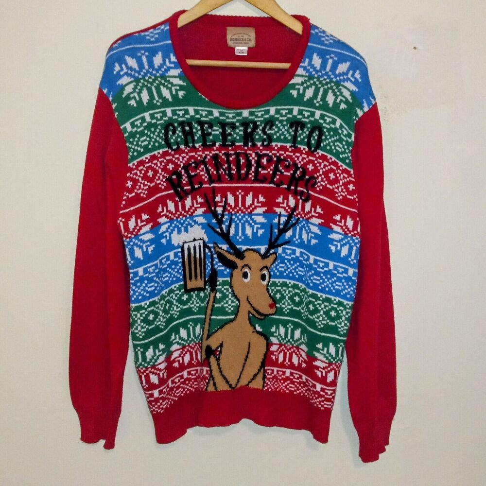 Roebuck & Co Rudolph Drinking Christmas Knit Sweater-X Large-Fair Isle-Novelty